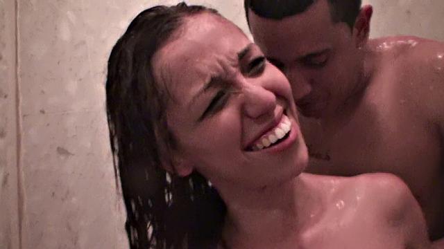 Brunette & small-titted young babe take turns fucking in bathroom after party