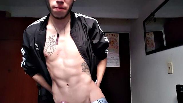 Pervert Boy is back and the super skinny Latin boy is only wearing an open shirt and boxer briefs when he starts his solo jerk off. Standing, he pushes down the undies and gives us a look at that little butt of his.