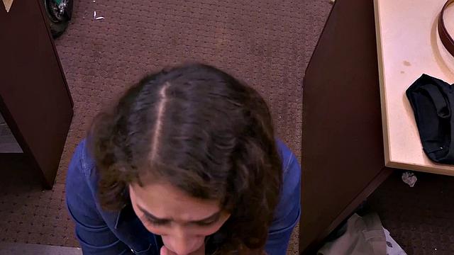 Cute pawnshop babe deepthroating owner before pussynailing