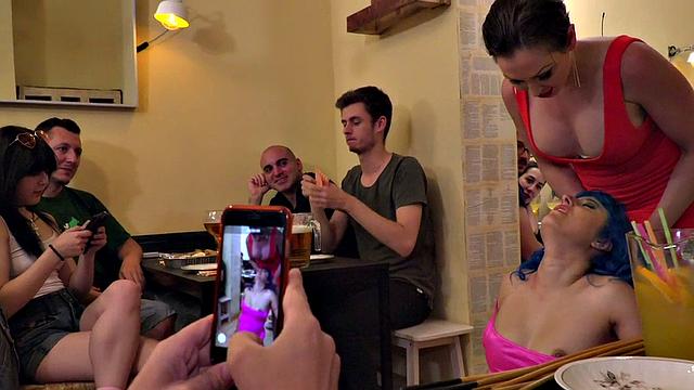 Colored hair babe publicly humiliated and tormented by lezdom