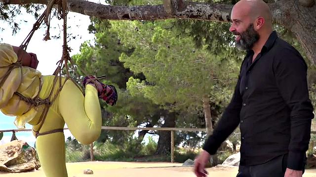 Femsub used in public suspension with spanking