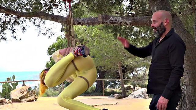 Femsub used in public suspension with spanking