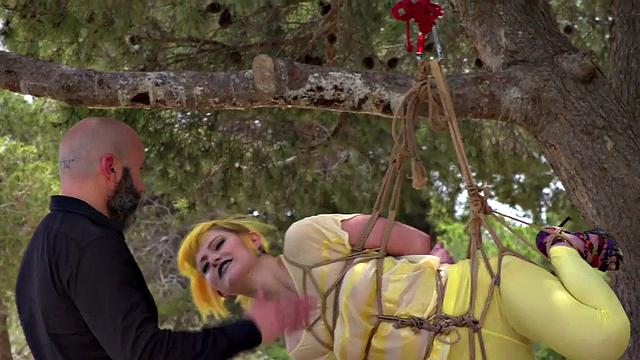 Femsub used in public suspension with spanking