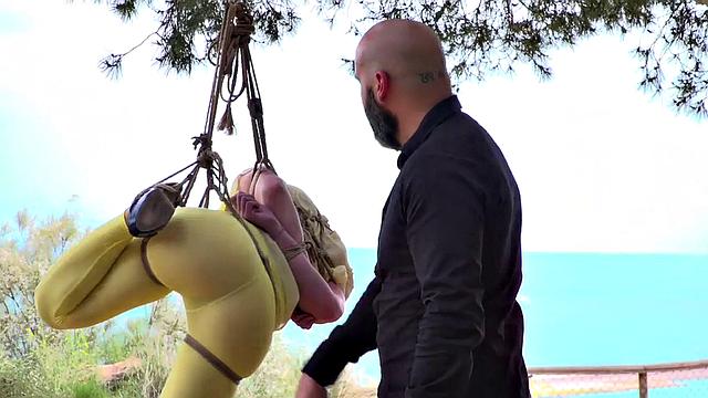 Femsub used in public suspension with spanking