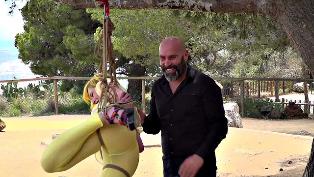 Femsub used in public suspension with spanking