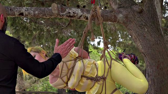 Femsub used in public suspension with spanking