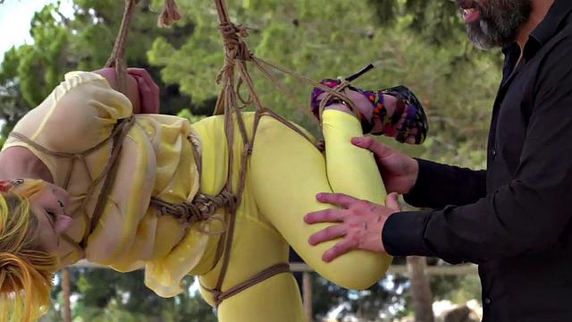 Femsub used in public suspension with spanking