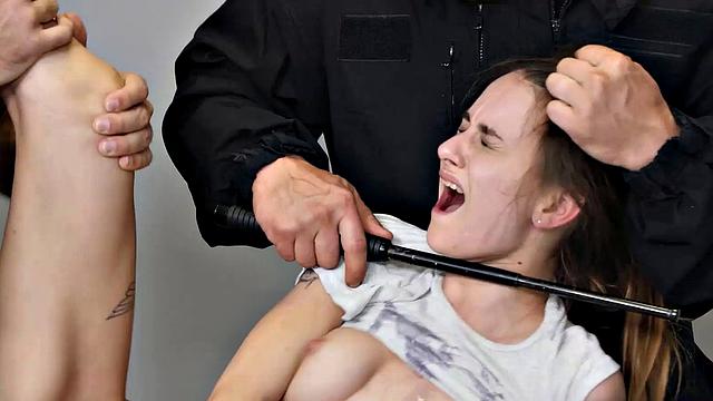 LAW4k. Chick has mouth and cunt jizzed in interrogation room