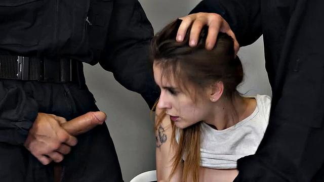 LAW4k. Chick has mouth and cunt jizzed in interrogation room