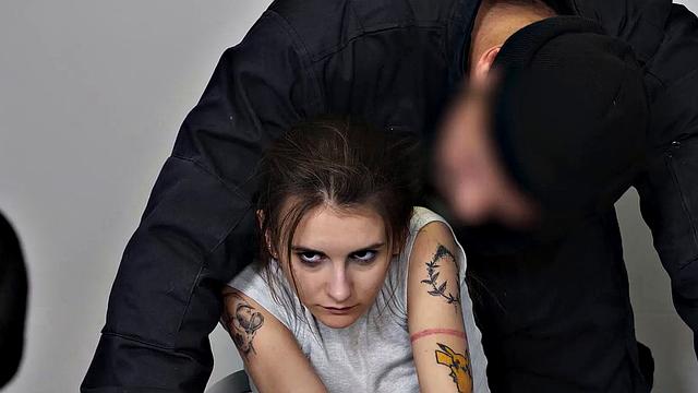 LAW4k. Chick has mouth and cunt jizzed in interrogation room