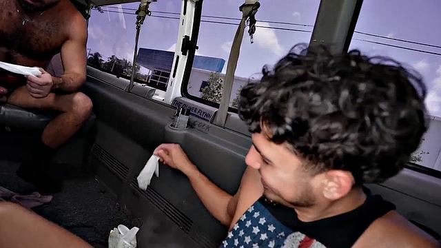 Hairy jock fucks stud in public van outdoors after BJ
