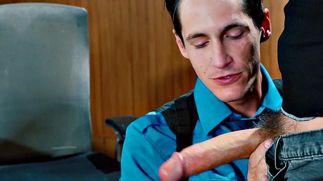 Gay inspector in gloves fists and sucks suspect