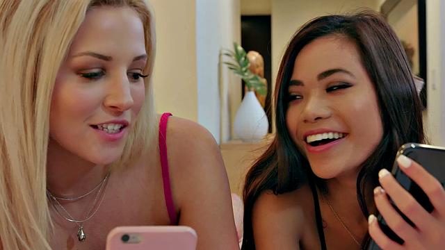 Naughty brunettes scissor and lick each other's pussies in hot thong date night