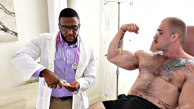 Black doctor with muscle fetish gives HJ to big patient