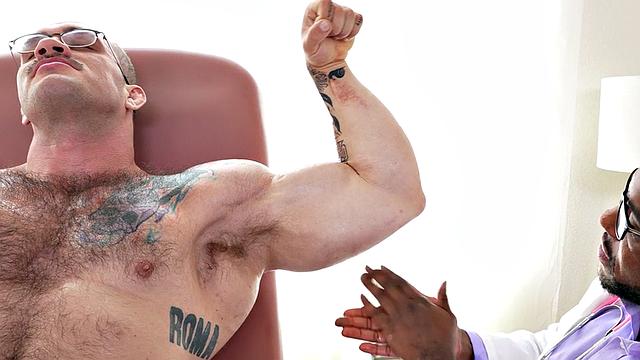 Black doctor with muscle fetish gives HJ to big patient