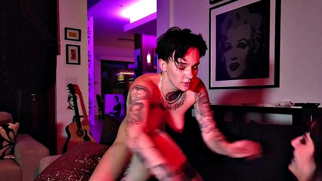 Tattooed girlfriend faceriding her girlfriend in stockings while enjoying a steamy inside-out session