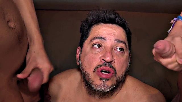 Chubby DILF barebacked in 3way by Latino twinks