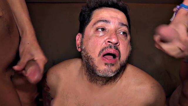 Chubby DILF barebacked in 3way by Latino twinks