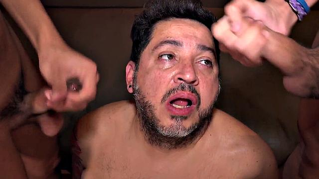 Chubby DILF barebacked in 3way by Latino twinks