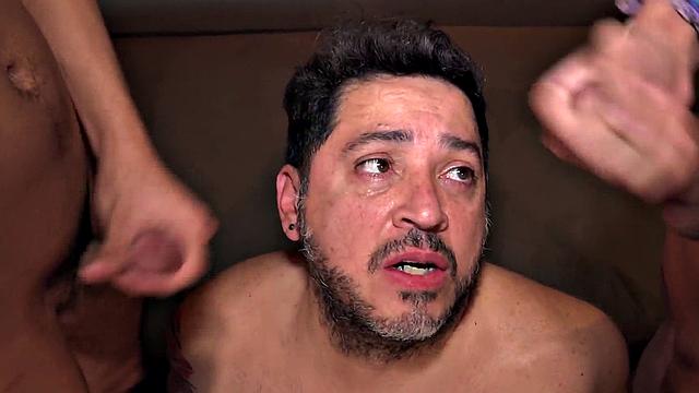 Chubby DILF barebacked in 3way by Latino twinks