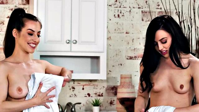 Nympho massaging sluts fucked in 3way with oiled pussies