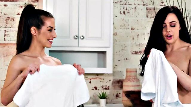 Nympho massaging sluts fucked in 3way with oiled pussies