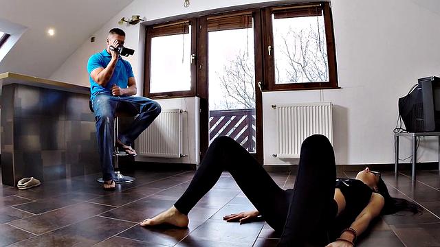 Sexy Yoga Babe Gives a Handjob & Fucks Voyeur with a Trimmed Pussy