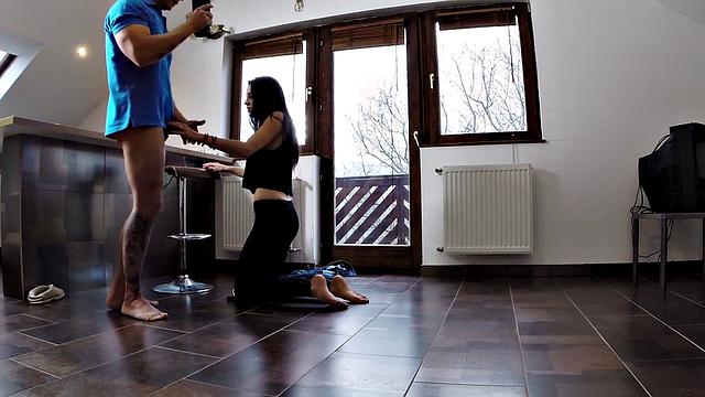 Sexy Yoga Babe Gives a Handjob & Fucks Voyeur with a Trimmed Pussy