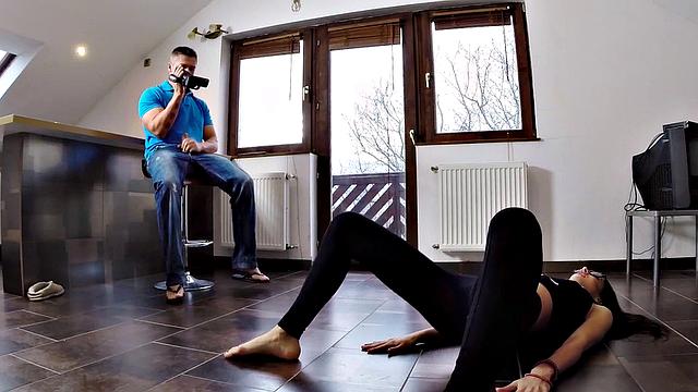 Sexy Yoga Babe Gives a Handjob & Fucks Voyeur with a Trimmed Pussy