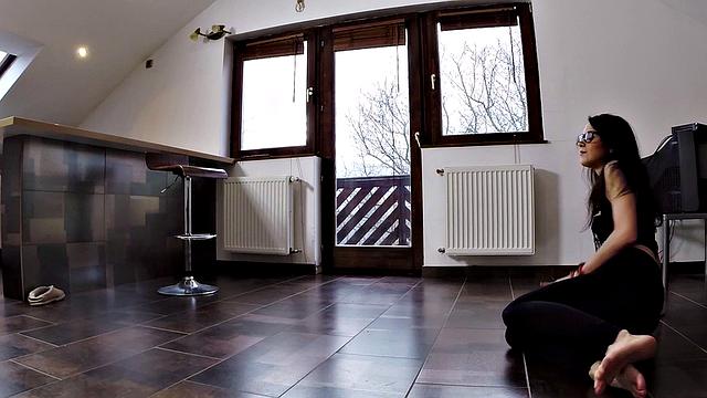 Sexy Yoga Babe Gives a Handjob & Fucks Voyeur with a Trimmed Pussy