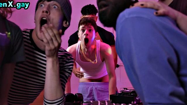 Athletic gay man barebacks at party while his BFF watches