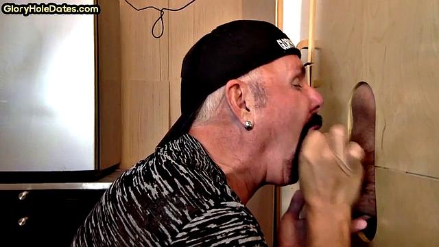 Cum swallow amateur DILF sucks cock in gloryhole at home