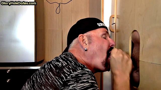 Cum swallow amateur DILF sucks cock in gloryhole at home