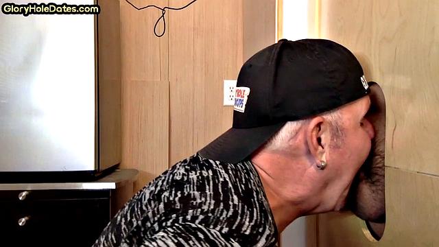 Cum swallow amateur DILF sucks cock in gloryhole at home