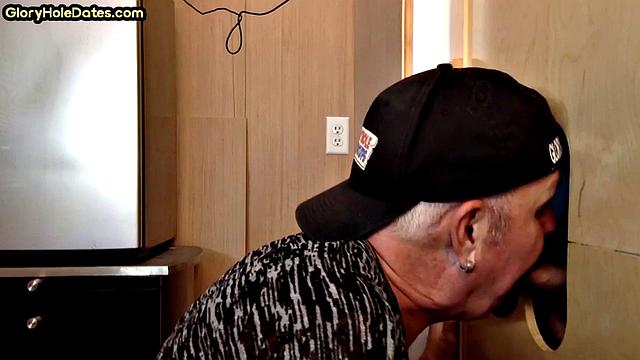 Cum swallow amateur DILF sucks cock in gloryhole at home