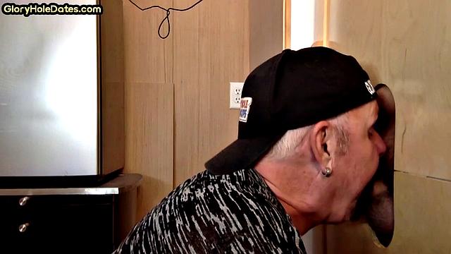 Cum swallow amateur DILF sucks cock in gloryhole at home