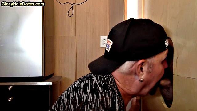 Cum swallow amateur DILF sucks cock in gloryhole at home