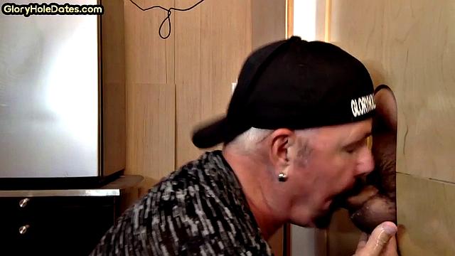 Cum swallow amateur DILF sucks cock in gloryhole at home