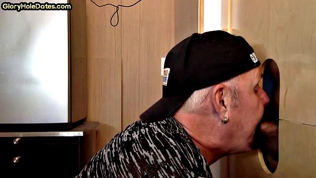 Cum swallow amateur DILF sucks cock in gloryhole at home