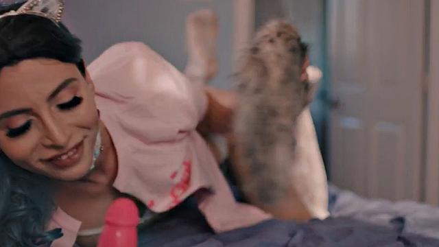 Tgirl toying tight ass before rimjob and boyfriend