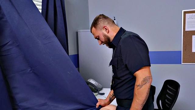 Busty bisex police babe fucked in the police station 3some