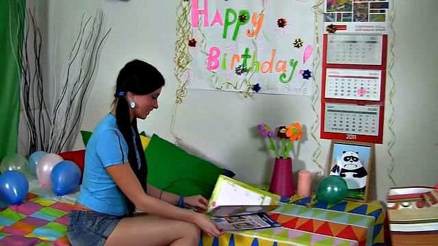 Brunette teen has birthday fun