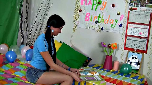 Brunette teen has birthday fun