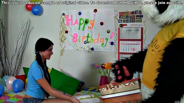 Brunette teen has birthday fun