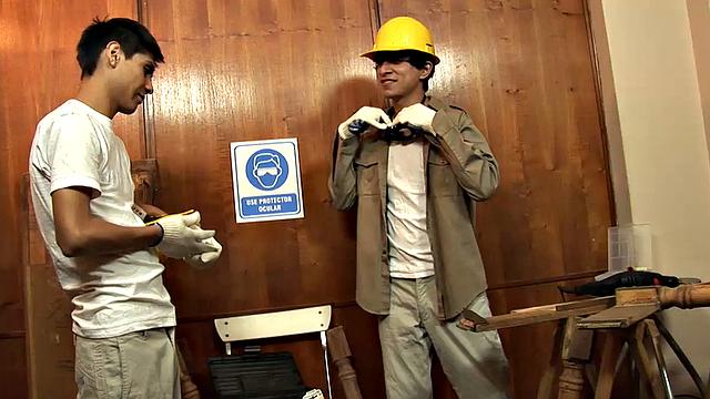 Facundo pops in to see how the carpentry is progressing, but these two young Latinos would rather get into each other's pants than talk about work.