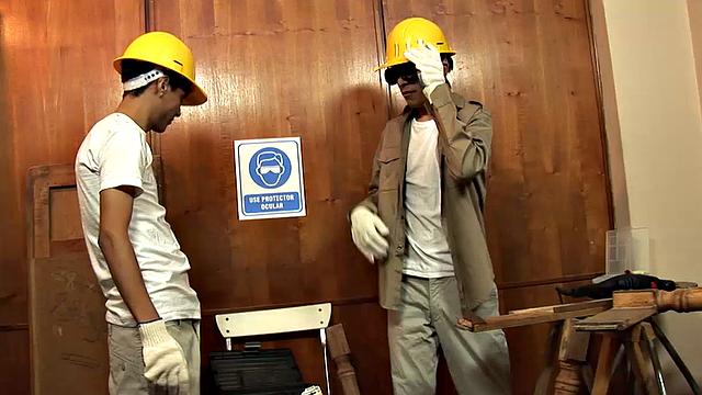 Facundo pops in to see how the carpentry is progressing, but these two young Latinos would rather get into each other's pants than talk about work.