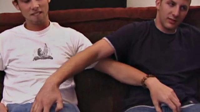 Mark OReilly andTapher Blaze enjoy their hardcore porn and comparing bulges. After they both strip down, Mark explains that it's only his second time with a guy.