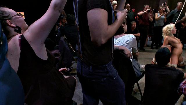 Public BDSM anal babe gangbanged in front of viewers