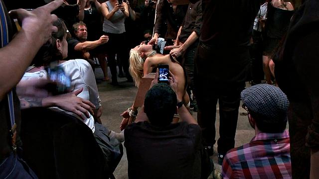 Public BDSM anal babe gangbanged in front of viewers