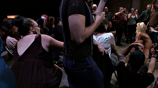 Public BDSM anal babe gangbanged in front of viewers